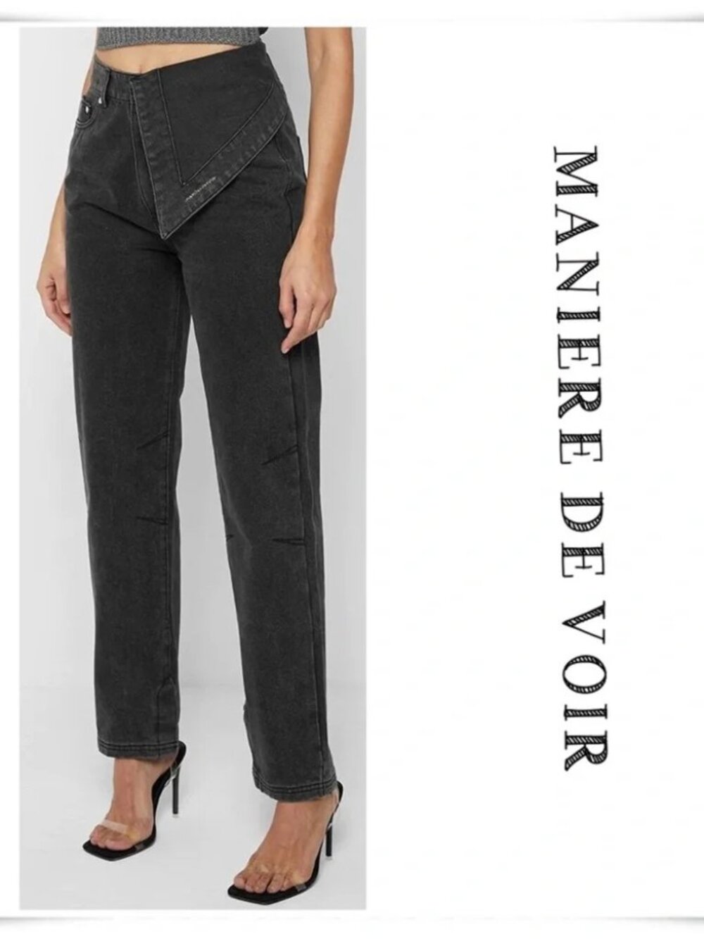 Maniere De Voir Half Foldover Mom Jeans in Washed Black Size 12